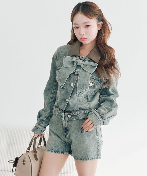 OLIVE des OLIVE（オリーブデオリーブ）の「【セットアップ対応/リボン・衿取り外し可】合皮衿Gジャン（デニムジャケット・レディース・サックスブルー/ブルー・FREE）」の10枚目の写真