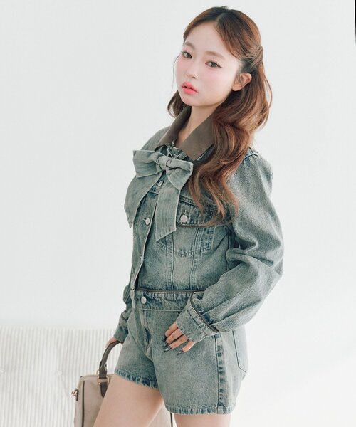 OLIVE des OLIVE（オリーブデオリーブ）の「【セットアップ対応/リボン・衿取り外し可】合皮衿Gジャン（デニムジャケット・レディース・サックスブルー/ブルー・FREE）」の11枚目の写真