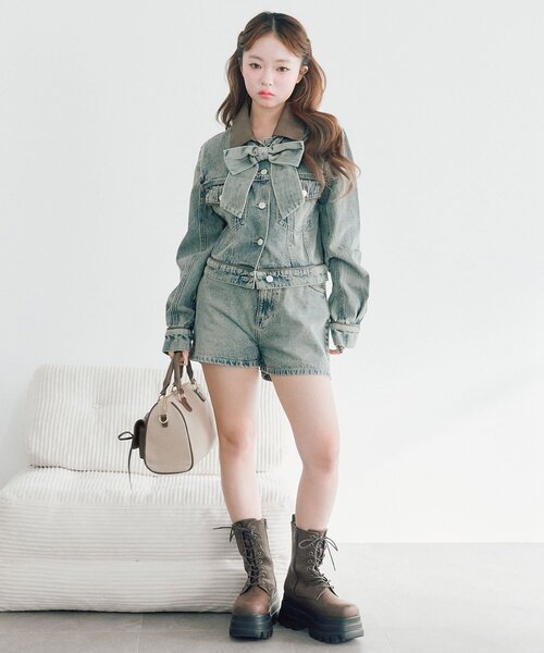 OLIVE des OLIVE（オリーブデオリーブ）の「【セットアップ対応/リボン・衿取り外し可】合皮衿Gジャン（デニムジャケット・レディース・サックスブルー/ブルー・FREE）」の14枚目の写真