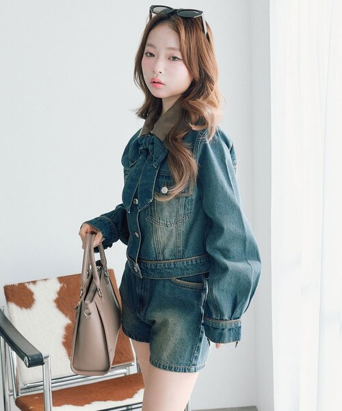 OLIVE des OLIVE（オリーブデオリーブ）の「【セットアップ対応/リボン・衿取り外し可】合皮衿Gジャン（デニムジャケット・レディース・サックスブルー/ブルー・FREE）」の17枚目の写真