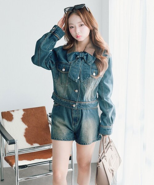 OLIVE des OLIVE（オリーブデオリーブ）の「【セットアップ対応/リボン・衿取り外し可】合皮衿Gジャン（デニムジャケット・レディース・サックスブルー/ブルー・FREE）」の18枚目の写真