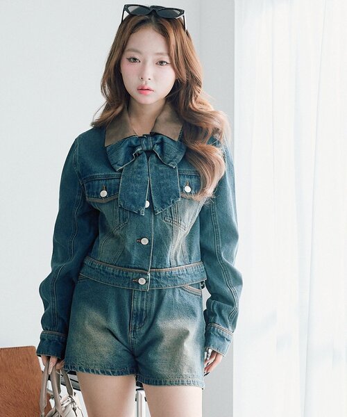 OLIVE des OLIVE（オリーブデオリーブ）の「【セットアップ対応/リボン・衿取り外し可】合皮衿Gジャン（デニムジャケット・レディース・サックスブルー/ブルー・FREE）」の20枚目の写真