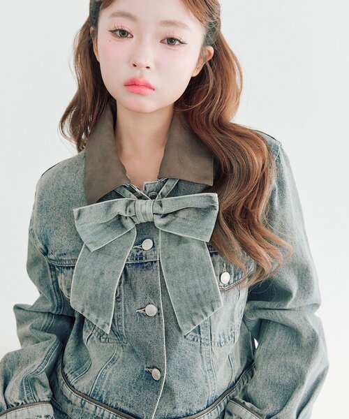 OLIVE des OLIVE（オリーブデオリーブ）の「【セットアップ対応/リボン・衿取り外し可】合皮衿Gジャン（デニムジャケット・レディース・サックスブルー/ブルー・FREE）」の4枚目の写真