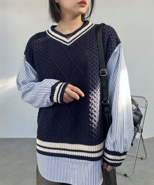 AS KNOW AS plus(アズノゥアズプラス)の「○チルデンニット×ストライプシャツ レイヤード風ドッキングプルオーバー(ニット/セーター・レディース・グリーン/ネイビー/キナリ・FREE)」の1枚目の写真