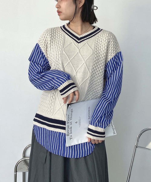 AS KNOW AS plus(アズノゥアズプラス)の「○チルデンニット×ストライプシャツ レイヤード風ドッキングプルオーバー(ニット/セーター・レディース・グリーン/ネイビー/キナリ・FREE)」の2枚目の写真