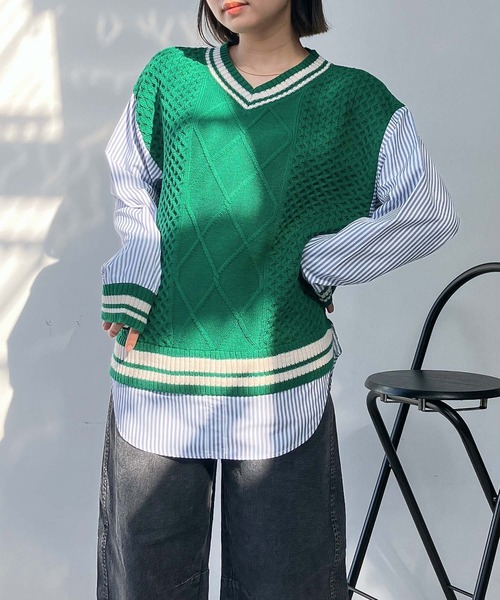 AS KNOW AS plus(アズノゥアズプラス)の「○チルデンニット×ストライプシャツ レイヤード風ドッキングプルオーバー(ニット/セーター・レディース・グリーン/ネイビー/キナリ・FREE)」の4枚目の写真