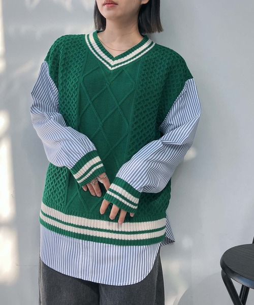 AS KNOW AS plus(アズノゥアズプラス)の「○チルデンニット×ストライプシャツ レイヤード風ドッキングプルオーバー(ニット/セーター・レディース・グリーン/ネイビー/キナリ・FREE)」の5枚目の写真