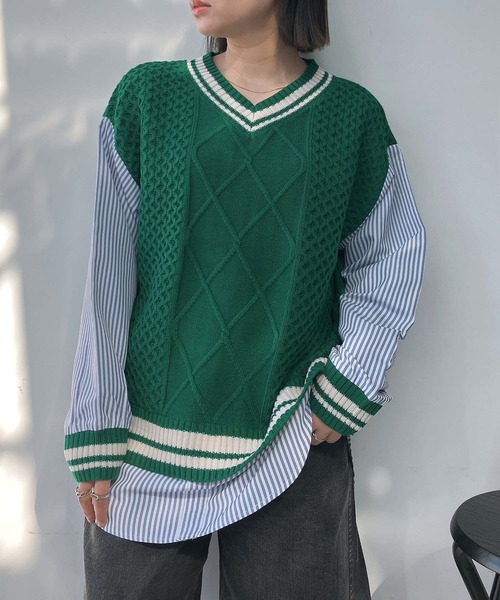 AS KNOW AS plus(アズノゥアズプラス)の「○チルデンニット×ストライプシャツ レイヤード風ドッキングプルオーバー(ニット/セーター・レディース・グリーン/ネイビー/キナリ・FREE)」の6枚目の写真