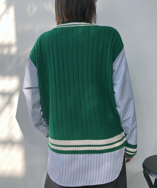AS KNOW AS plus(アズノゥアズプラス)の「○チルデンニット×ストライプシャツ レイヤード風ドッキングプルオーバー(ニット/セーター・レディース・グリーン/ネイビー/キナリ・FREE)」の8枚目の写真