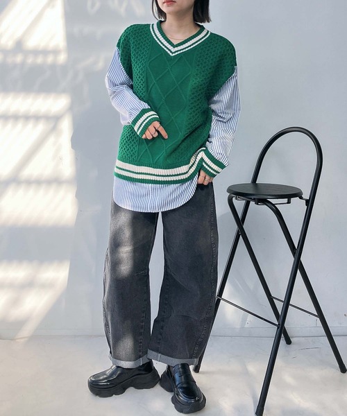 AS KNOW AS plus(アズノゥアズプラス)の「○チルデンニット×ストライプシャツ レイヤード風ドッキングプルオーバー(ニット/セーター・レディース・グリーン/ネイビー/キナリ・FREE)」の9枚目の写真