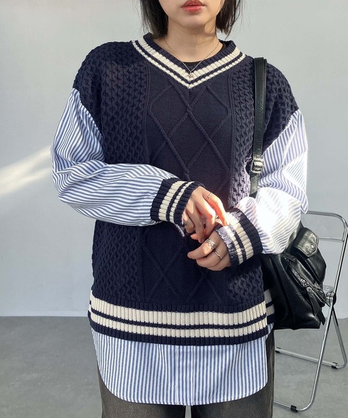 AS KNOW AS plus(アズノゥアズプラス)の「○チルデンニット×ストライプシャツ レイヤード風ドッキングプルオーバー(ニット/セーター・レディース・グリーン/ネイビー/キナリ・FREE)」の11枚目の写真