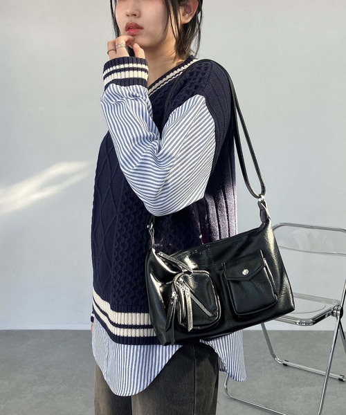 AS KNOW AS plus(アズノゥアズプラス)の「○チルデンニット×ストライプシャツ レイヤード風ドッキングプルオーバー(ニット/セーター・レディース・グリーン/ネイビー/キナリ・FREE)」の12枚目の写真