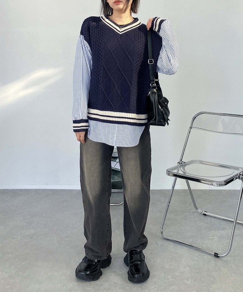 AS KNOW AS plus(アズノゥアズプラス)の「○チルデンニット×ストライプシャツ レイヤード風ドッキングプルオーバー(ニット/セーター・レディース・グリーン/ネイビー/キナリ・FREE)」の15枚目の写真