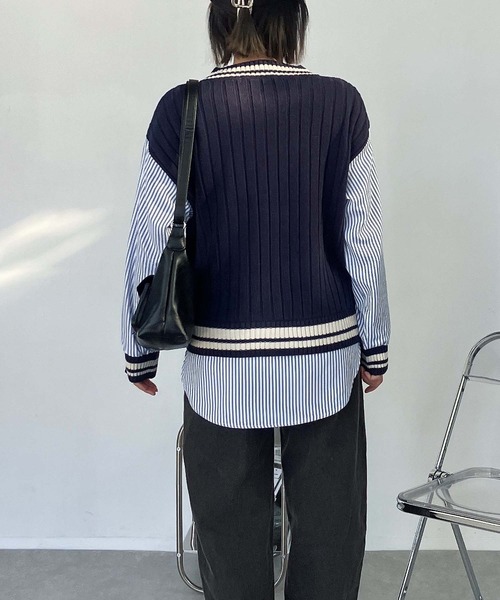 AS KNOW AS plus(アズノゥアズプラス)の「○チルデンニット×ストライプシャツ レイヤード風ドッキングプルオーバー(ニット/セーター・レディース・グリーン/ネイビー/キナリ・FREE)」の16枚目の写真