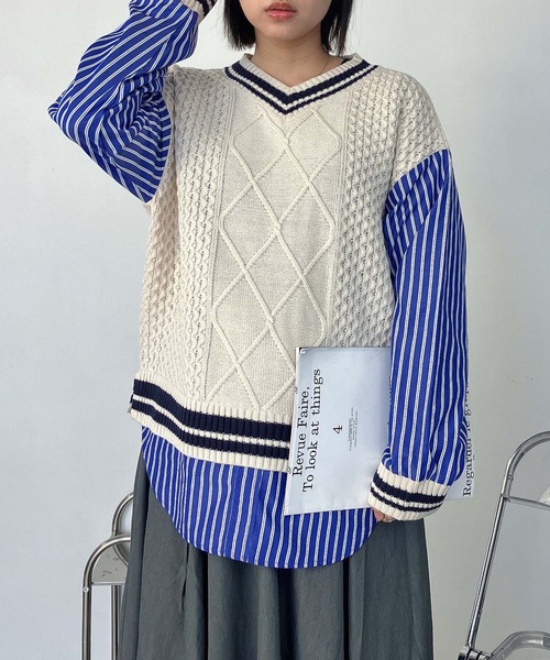 AS KNOW AS plus(アズノゥアズプラス)の「○チルデンニット×ストライプシャツ レイヤード風ドッキングプルオーバー(ニット/セーター・レディース・グリーン/ネイビー/キナリ・FREE)」の17枚目の写真