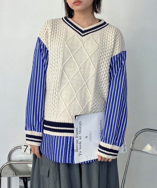 AS KNOW AS plus(アズノゥアズプラス)の「○チルデンニット×ストライプシャツ レイヤード風ドッキングプルオーバー(ニット/セーター・レディース・グリーン/ネイビー/キナリ・FREE)」の18枚目の写真