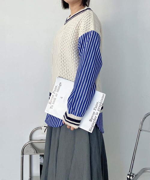 AS KNOW AS plus(アズノゥアズプラス)の「○チルデンニット×ストライプシャツ レイヤード風ドッキングプルオーバー(ニット/セーター・レディース・グリーン/ネイビー/キナリ・FREE)」の19枚目の写真