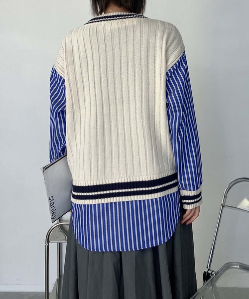 AS KNOW AS plus(アズノゥアズプラス)の「○チルデンニット×ストライプシャツ レイヤード風ドッキングプルオーバー(ニット/セーター・レディース・グリーン/ネイビー/キナリ・FREE)」の20枚目の写真