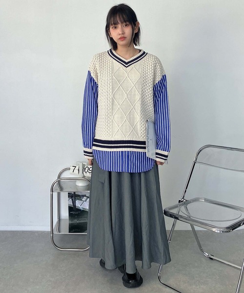 AS KNOW AS plus(アズノゥアズプラス)の「○チルデンニット×ストライプシャツ レイヤード風ドッキングプルオーバー(ニット/セーター・レディース・グリーン/ネイビー/キナリ・FREE)」の21枚目の写真