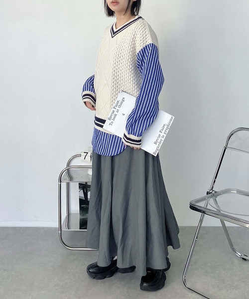 AS KNOW AS plus(アズノゥアズプラス)の「○チルデンニット×ストライプシャツ レイヤード風ドッキングプルオーバー(ニット/セーター・レディース・グリーン/ネイビー/キナリ・FREE)」の22枚目の写真