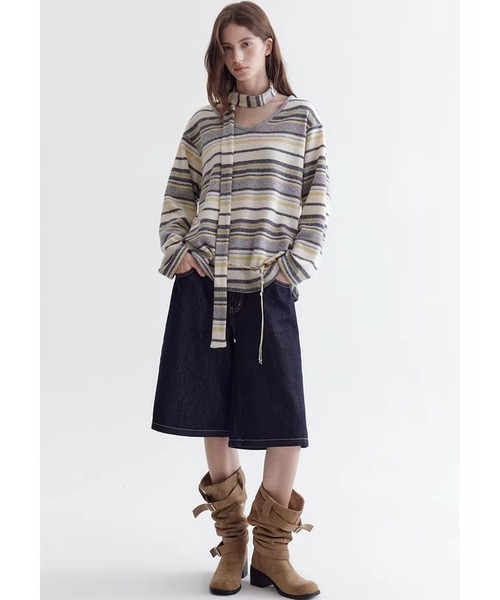 Fano Studios（ファノ ストゥディオズ）の「ストライプ柄 ニットタイ付 ニットトップス FC26S095【Fano Studios】【2026SS】（ニット/セーター・レディース・イエロー系その他/ブルー系その他・L/M/S）」の3枚目の写真