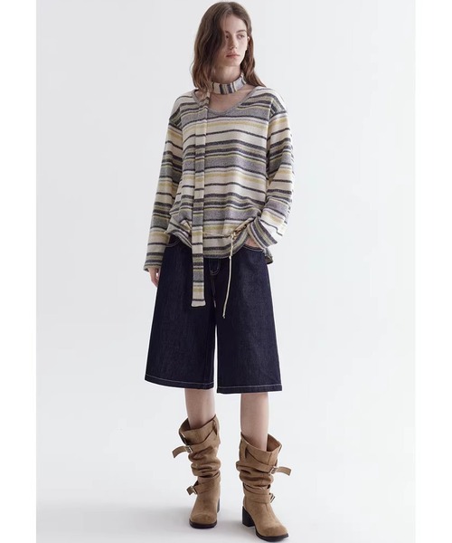 Fano Studios（ファノ ストゥディオズ）の「ストライプ柄 ニットタイ付 ニットトップス FC26S095【Fano Studios】【2026SS】（ニット/セーター・レディース・イエロー系その他/ブルー系その他・L/M/S）」の4枚目の写真