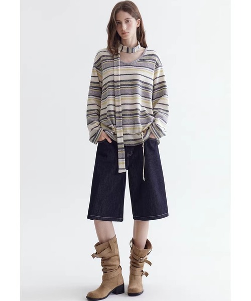 Fano Studios（ファノ ストゥディオズ）の「ストライプ柄 ニットタイ付 ニットトップス FC26S095【Fano Studios】【2026SS】（ニット/セーター・レディース・イエロー系その他/ブルー系その他・L/M/S）」の5枚目の写真