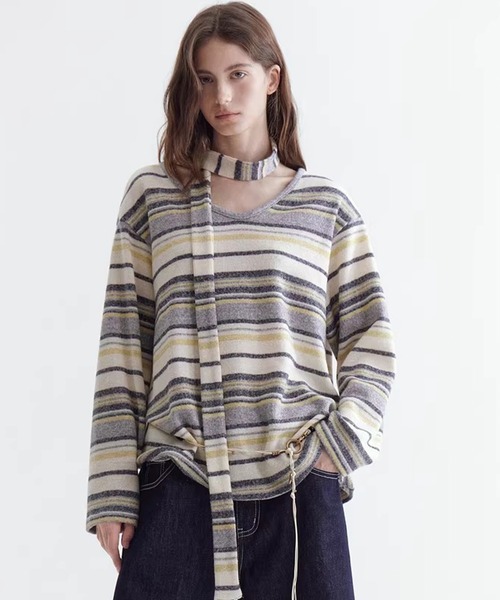 Fano Studios（ファノ ストゥディオズ）の「ストライプ柄 ニットタイ付 ニットトップス FC26S095【Fano Studios】【2026SS】（ニット/セーター・レディース・イエロー系その他/ブルー系その他・L/M/S）」の6枚目の写真