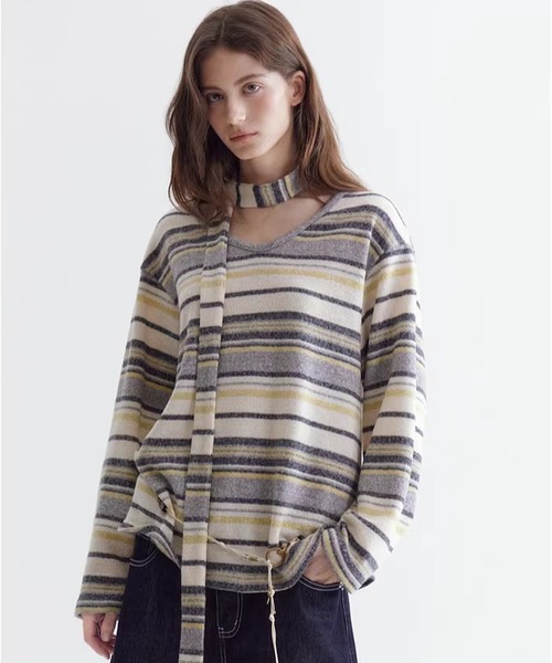 Fano Studios（ファノ ストゥディオズ）の「ストライプ柄 ニットタイ付 ニットトップス FC26S095【Fano Studios】【2026SS】（ニット/セーター・レディース・イエロー系その他/ブルー系その他・L/M/S）」の7枚目の写真