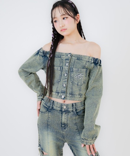 ANAP GiRL(アナップガール)の「デニム オフショル トップス(別売りセットアップ)(シャツ/ブラウス・キッズ・ブラック/ブルー・M/S/XS)」の8枚目の写真
