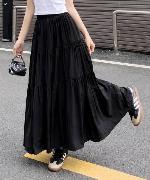 mielu(ミエル)の「ウエストゴムギャザーロングスカート《春夏/大人カジュアル/デイリー使いに♪》(スカート・レディース・ブラック/ホワイト/ピンク・MEDIUM/LARGE)」の1枚目の写真