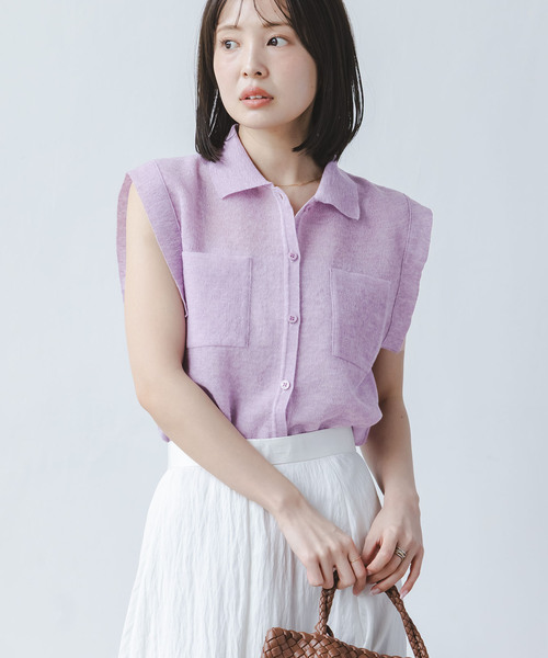 Noble(ノーブル)の「《追加・新色》【洗える】スポンジシアーノースリーブシャツニット(ニット/セーター・レディース・ラベンダー/ライトグレー/レッド・FREE)」の6枚目の写真