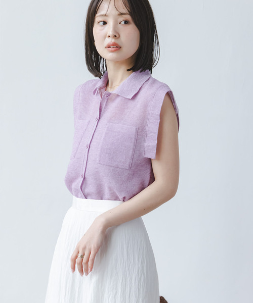 Noble(ノーブル)の「《追加・新色》【洗える】スポンジシアーノースリーブシャツニット(ニット/セーター・レディース・ラベンダー/ライトグレー/レッド・FREE)」の7枚目の写真
