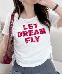 レタリング サイドギャザー リボン コンパクト Tシャツ