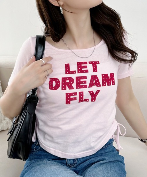 Ada.(エイダ)の「レタリング サイドギャザー リボン コンパクト Tシャツ(Tシャツ/カットソー・レディース・ピンク/ブラック/チャコール/オフホワイト・FREE)」の4枚目の写真