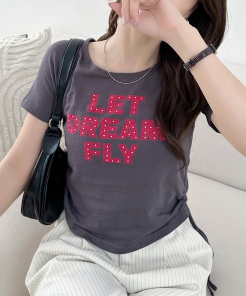 Ada.(エイダ)の「レタリング サイドギャザー リボン コンパクト Tシャツ(Tシャツ/カットソー・レディース・ピンク/ブラック/チャコール/オフホワイト・FREE)」の3枚目の写真