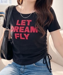 レタリング サイドギャザー リボン コンパクト Tシャツ