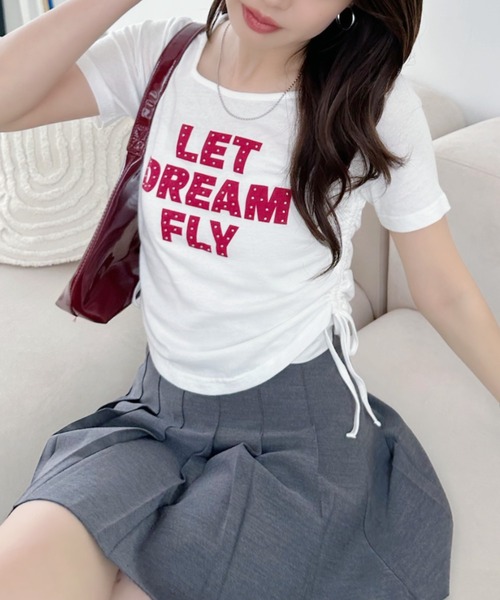 Ada.(エイダ)の「レタリング サイドギャザー リボン コンパクト Tシャツ(Tシャツ/カットソー・レディース・ピンク/ブラック/チャコール/オフホワイト・FREE)」の8枚目の写真