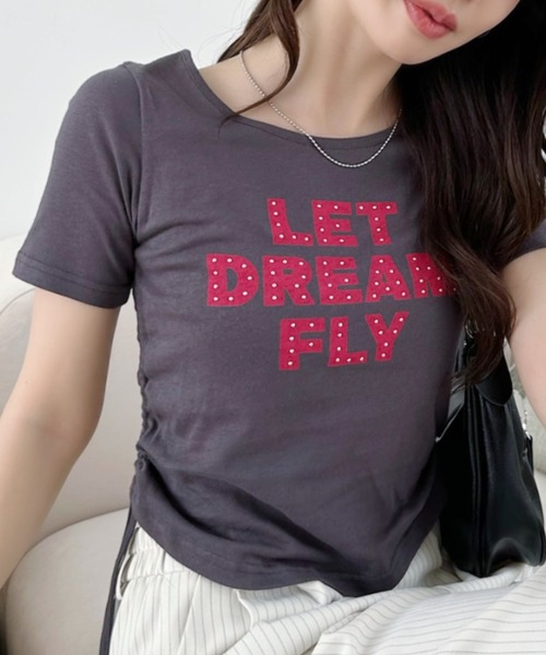 Ada.(エイダ)の「レタリング サイドギャザー リボン コンパクト Tシャツ(Tシャツ/カットソー・レディース・ピンク/ブラック/チャコール/オフホワイト・FREE)」の11枚目の写真