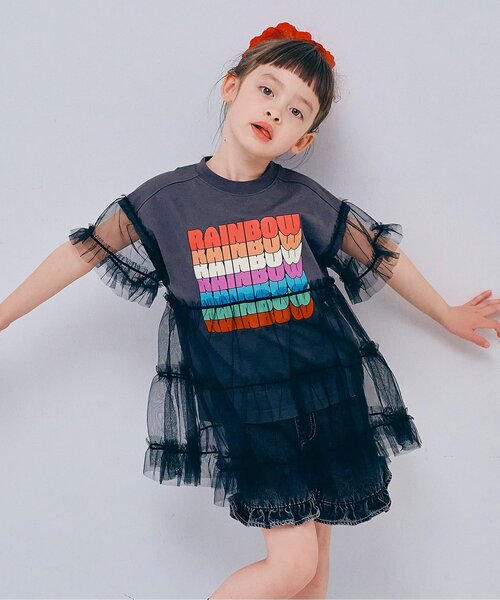 p.premier（ピードットプルミエ）の「オーバーザレインボーティアードチュール半袖Tシャツ リンク（Tシャツ/カットソー・キッズ・チャコール/オフホワイト・80/90/100/110/120/130/140）」の2枚目の写真