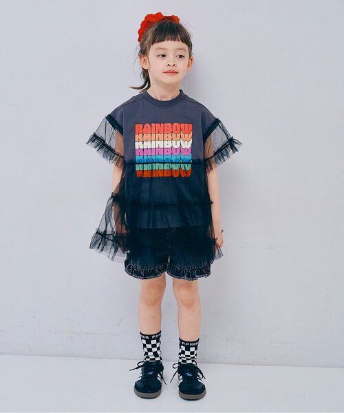 p.premier（ピードットプルミエ）の「オーバーザレインボーティアードチュール半袖Tシャツ リンク（Tシャツ/カットソー・キッズ・チャコール/オフホワイト・80/90/100/110/120/130/140）」の3枚目の写真