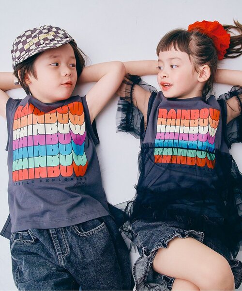 p.premier（ピードットプルミエ）の「オーバーザレインボーティアードチュール半袖Tシャツ リンク（Tシャツ/カットソー・キッズ・チャコール/オフホワイト・80/90/100/110/120/130/140）」の6枚目の写真