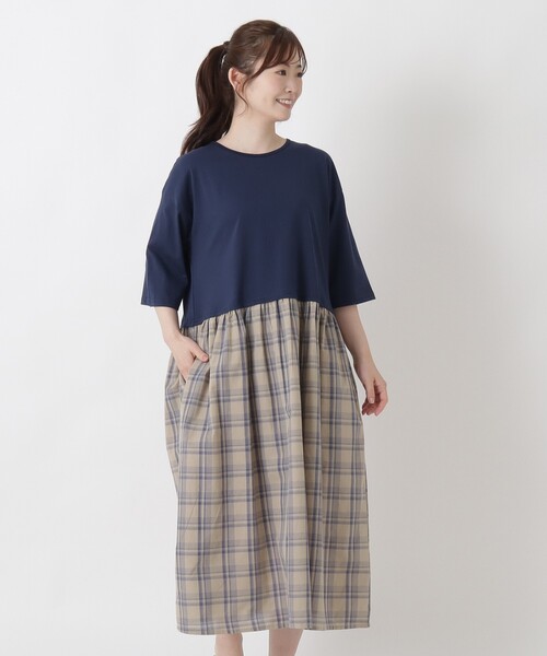 one'sterrace(ワンズテラス)の「異素材 ドッキングワンピース(ワンピース・レディース・ブラック系8/ネイビー系5・02)」の2枚目の写真