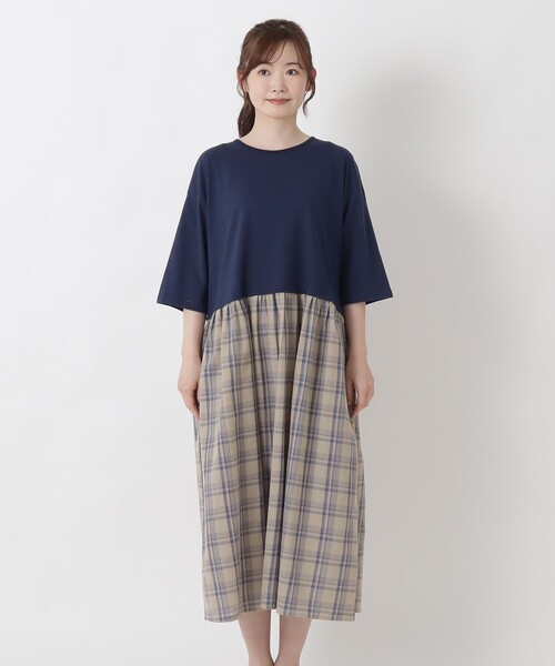 one'sterrace(ワンズテラス)の「異素材 ドッキングワンピース(ワンピース・レディース・ブラック系8/ネイビー系5・02)」の3枚目の写真