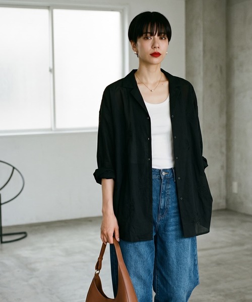 STYLE DELI（スタイルデリ）の「【BLK001】刺繍オープンカラーシャツ（シャツ/ブラウス・レディース・ブラック・FREE）」の7枚目の写真