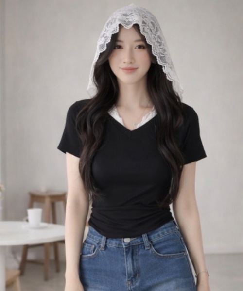 Teem Store(チームストア)の「レースフード付きVネックタイトTシャツ ピチT(Tシャツ/カットソー・レディース・グレー/ホワイト・S/M)」の11枚目の写真