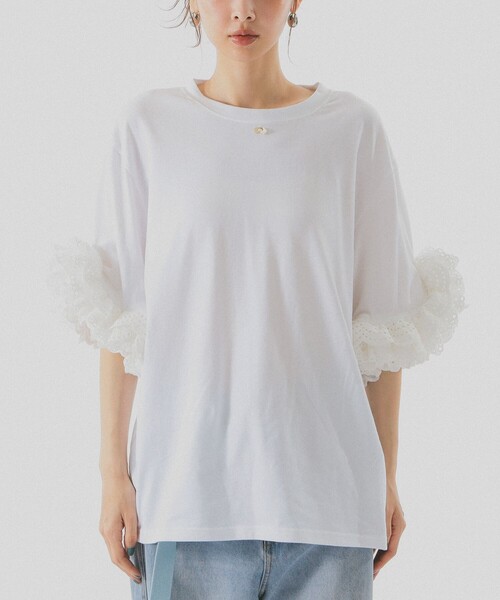 BEAMS COUTURE(ビームスクチュール)の「袖 レース フリル Tシャツ(Tシャツ/カットソー・レディース・ホワイト/ブラック・ONE SIZE)」の8枚目の写真