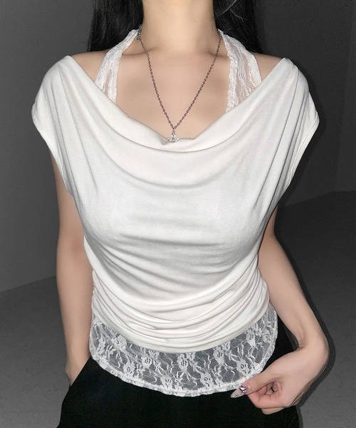 me+em select(ミームセレクト)の「【 2color 】レースレイヤードドレープTシャツ / lace layered drape T-shirts※※(Tシャツ/カットソー・レディース・ホワイト/ブラック・FREE)」の2枚目の写真