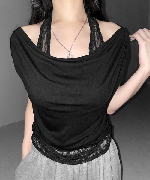 me+em select(ミームセレクト)の「【 2color 】レースレイヤードドレープTシャツ / lace layered drape T-shirts※※(Tシャツ/カットソー・レディース・ホワイト/ブラック・FREE)」の1枚目の写真