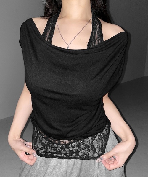 me+em select(ミームセレクト)の「【 2color 】レースレイヤードドレープTシャツ / lace layered drape T-shirts※※(Tシャツ/カットソー・レディース・ホワイト/ブラック・FREE)」の22枚目の写真